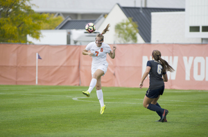 Taylor Bennett rises for a header on Sunday. She scored the decisive goal in Syracuse's 1-0 win over Pittsburgh.