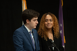 David Bruen and Adia Santos speak at the 2022 Student Association campaign on March 31. 